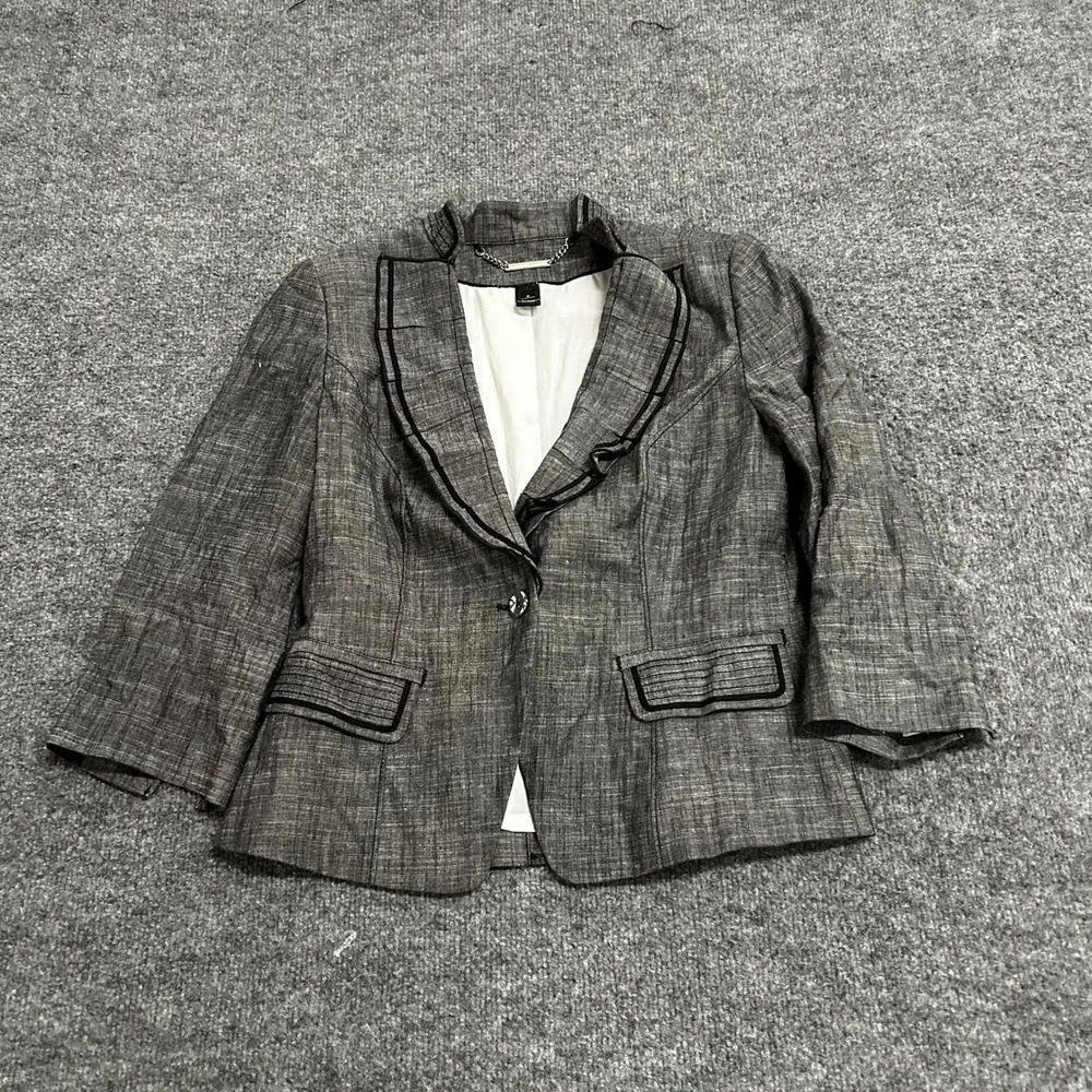 White House Black Market Blazer Womens Size 4 Gray Linen Blend Ruffle Blazer